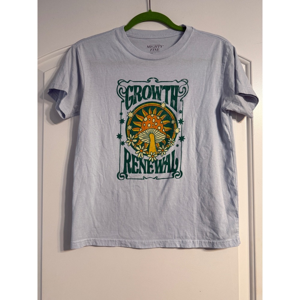 Mighty Fine Graphic Tee Women Small Blue Excellent Mushroom Growth Renewal